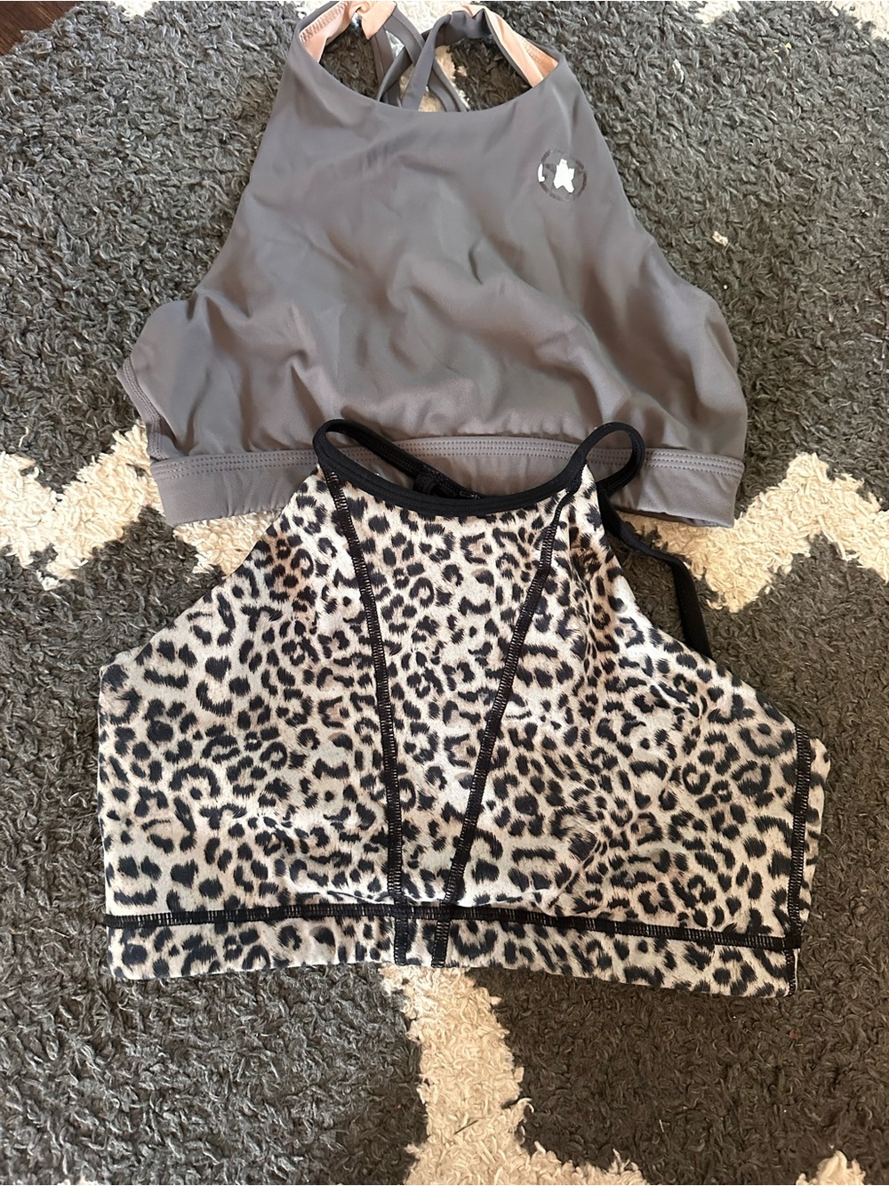 Savage Barbell Leopard Print & Gray Racerback Sports Bras - Neutral Tones